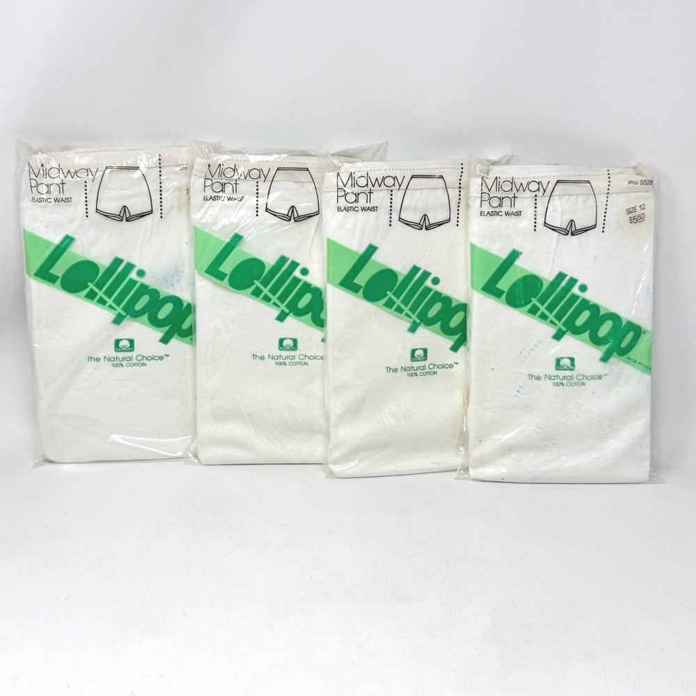 Vintage Lollipop Midway Pant 4 Pack White 100% Cotton Elastic Waist Size 12 USA